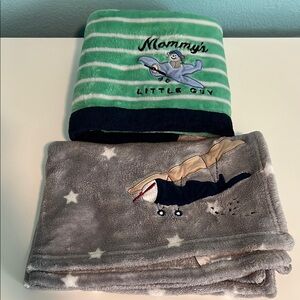 Set of 2 Cozy Green-White and Grey-white airplane theme blanket Set